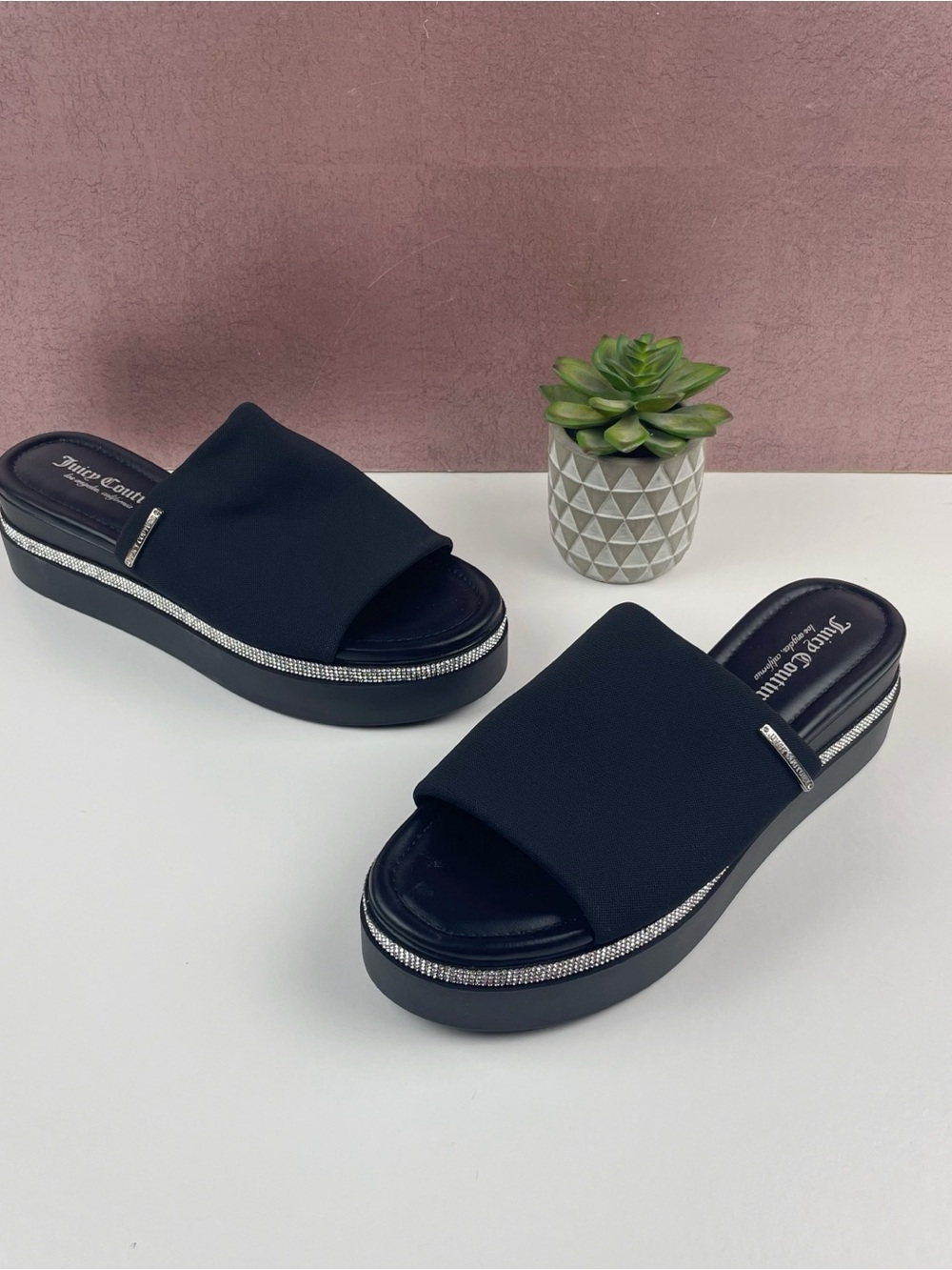 Juicy Couture Tethys Black Silver Rhinestone Platform Sandals Shoes Women 8.5